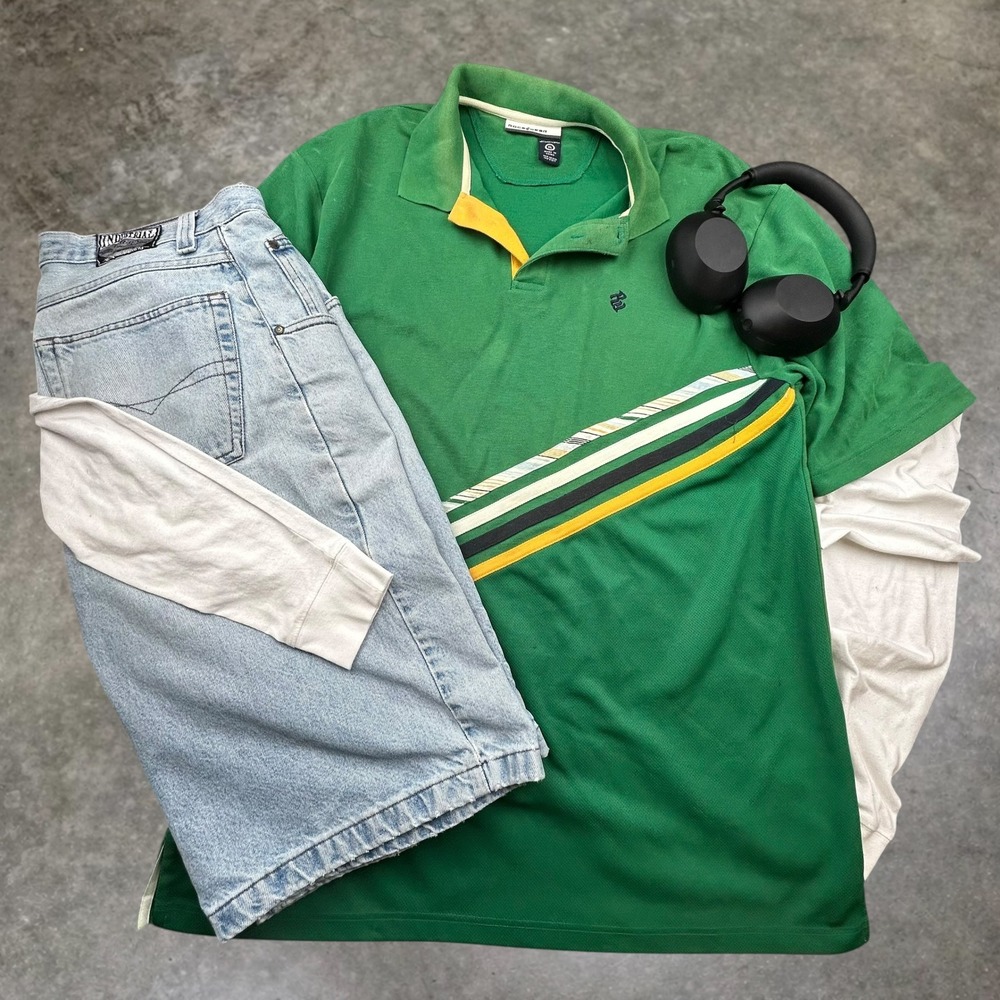 Vintage Rocawear Green Striped Polo Shirt Mens XL Y2K Streetwear Boxy‎ Fit